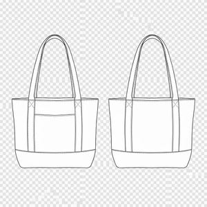 May include: Two white tote bags, side by side, with a minimalist design. Each bag has a rectangular body, a bottom panel, and two handles. One bag features a front pocket. The bags are outlined with black lines, showcasing the stitching details.