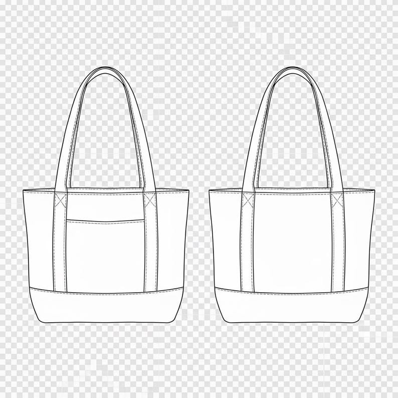May include: Two white tote bags, side by side, with a minimalist design. Each bag has a rectangular body, a bottom panel, and two handles. One bag features a front pocket. The bags are outlined with black lines, showcasing the stitching details.
