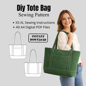 May include: A green tote bag with white stitching and a front pocket. The image also shows a sewing pattern with the text "DIY Tote Bag Sewing Pattern" and "Instant Download". The pattern includes XS-XL sewing instructions and A0 A4 digital PDF files.