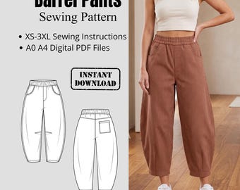 Schnittmuster für eine Hose mit weitem Bein (PDF) | Ballonhose | A0- und A4-Dateien | Leinenhosen-Schnittmuster | Schnittmuster für eine Hose mit weitem Bein | Größen XS-3XL (Anleitung)