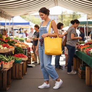 May include: A woman at a farmer's market carries a bright yellow tote bag. She wears denim overalls and white sneakers, holding a bunch of grapes. The market stalls are filled with fresh produce under a striped awning.