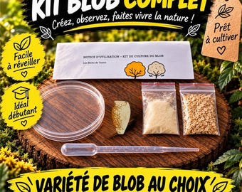 Op de afbeelding: Een complete blob-kweekset inclusief een doorzichtige petrischaal, een plastic pipet, twee kleine plastic zakjes met beige poeder en korrels, en een handleiding met de tekst Notice d'utilisation - Kit de culture du blob.
