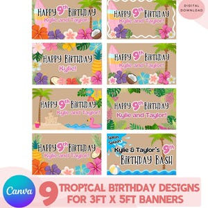 May include: A digital banner template with nine tropical birthday designs. Each design features the text "Happy 9th Birthday" with tropical elements like flowers, surfboards, and palm trees. The banners are designed for 3ft x 5ft banners.
