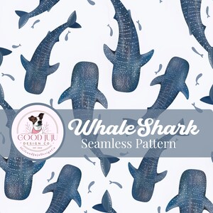 Könnte beinhalten: Ein nahtloses Muster mit mehreren blauen Walhaien mit weißen Punkten auf weißem Hintergrund. Ein kreisförmiges Logo mit einer Hundeillustration und dem Text GOOD JUJU DESIGN CO. EST. 2025 ist vorhanden, sowie der Text Whale Shark Seamless Pattern.