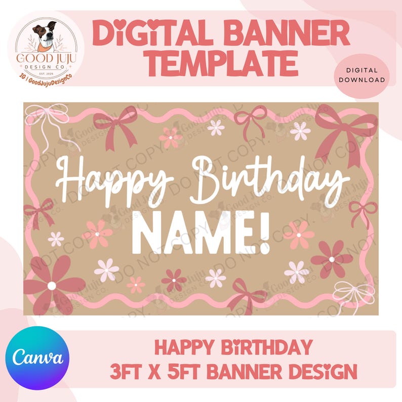 Pink Flowers and Bows Happy Birthday Banner Design Template - Editable ...