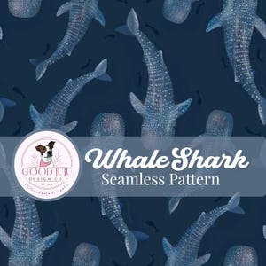 May include: A seamless pattern showcasing whale sharks in blue and white hues on a dark blue backdrop. The design includes the text "Whale Shark Seamless Pattern" and a logo with a dog.