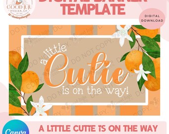 以下が含まれることがあります： 「A little Cutie is on the way!」のテキストとオレンジのイラストが描かれた、オレンジ色のデジタルバナーテンプレート。バナーのデザインは91cm x 152cmです。Canvaのロゴと「デジタルダウンロード」のテキストが含まれています。