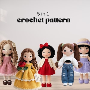 Pacchetto di 5 modelli per bambole all'uncinetto, giocattolo amigurumi per bambina in formato PDF (download digitale)