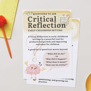 May include: Two white sheets of paper with the title "Critical Reflection" and related text. An orange pen with a fluffy ball on top and a yellow notepad are on the left. A yellow cup and saucer are on the right.