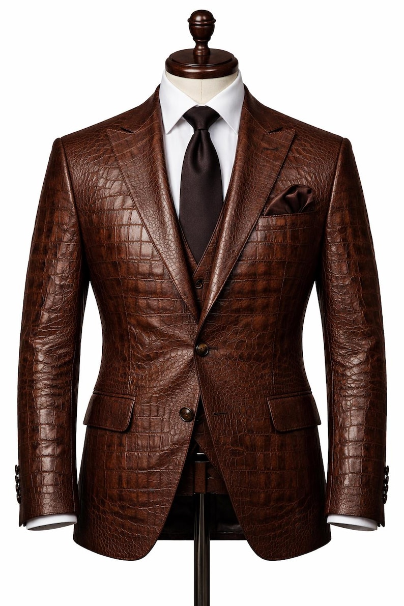 Unisex brun krokodilpräglad läderkavaj: texturerad läderkostymkavaj för män och kvinnor Designer Formell kappa bild 8