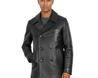Chaqueta de cuero negra unisex: Chaqueta de cuero cruzada, abrigo clásico de invierno para hombre y mujer.