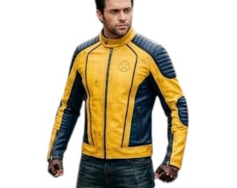 Geel en blauw op superhelden geïnspireerd leren jack | Handgemaakte cosplaykostuumjas: op maat gemaakt veganistisch leren jack