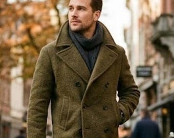 Abrigo clásico de lana para hombre: Chaqueta de invierno verde oliva – Abrigo de lana atemporal y cálido para la calle, chaqueta de invierno cruzada.