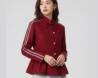 Chaqueta peplum burdeos para mujer: abrigo elegante de inspiración asiática / blazer de invierno vintage / conjunto chic minimalista / estilo de moda coreana