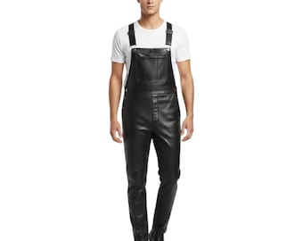 Mono de cuero genuino negro para hombre: mono con pechera de cuero hecho a mano, pantalones de trabajo para motociclista.
