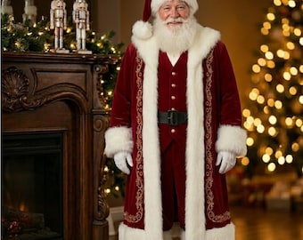 Traje de Papá Noel Real Abrigo de Terciopelo Rojo: Disfraz de Navidad de Lujo con Bordado Dorado y Ribete de Piel Traje de Papá Noel Premium
