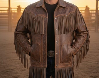 Chaqueta de cuero con flecos estilo western para hombre: abrigo vaquero marrón desgastado / abrigo de cuero auténtico estilo rodeo