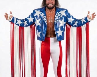 Macho Man-inspirerad läderjacka med fransarT: Patriotisk anpassad brottningskostymfestival- och cosplayjacka