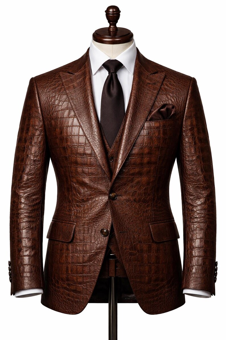 Unisex brun krokodilpräglad läderkavaj: texturerad läderkostymkavaj för män och kvinnor Designer Formell kappa bild 6