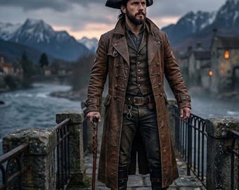 Gabardina larga de cuero marrón para hombre: Chaqueta gótica pirata vintage / Abrigo de cuero de invierno, atuendo de cosplay, prenda de abrigo de estilo steampunk.