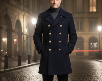 May include: A navy blue double-breasted coat with gold buttons. The coat features a classic design with a notched collar and pockets. The person in the image is wearing a grey turtleneck sweater. A stylish outerwear garment for colder weather.