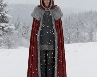 Red Hooded Cloak With Faux Fur Trim:Medieval Fantasy Cape Gothic Winter Costume Cloak
