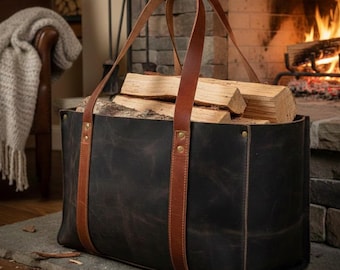 Cesta de cuero para leña: soporte rústico para leña de chimenea, resistente, para uso en interiores y exteriores.