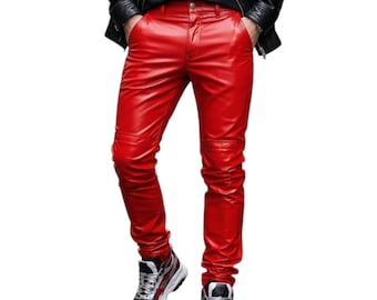 Pantalones de cuero rojo para hombre: pantalones de motociclista de cuero genuino, pantalones de motociclista de calle ajustados para hombre.