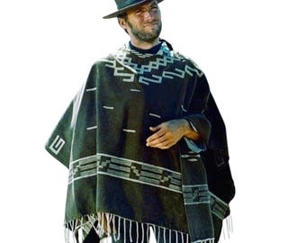 Poncho vaquero del oeste para hombre: estilo Clint Eastwood, chal con flecos, capa de lana, atuendo vintage de pistolero, abrigo tipo manta boho para invierno.