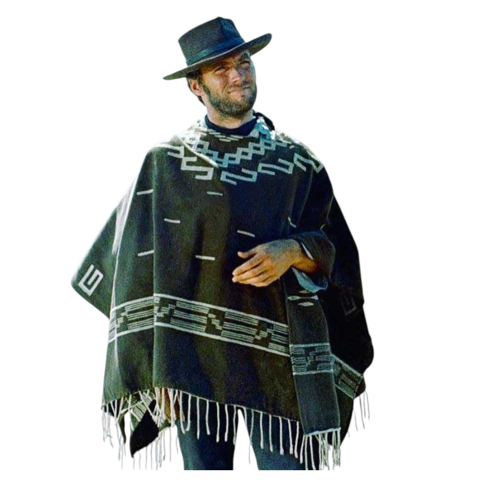 Western Cowboy Poncho Men:Clint Eastwood Style Shawl Fringe Wool Cape Vintage Gunslinger Outfit Boho Blanket Coat Winter Wrap