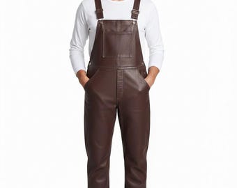Mono de cuero marrón para hombre: pantalones de cuero genuino con tirantes ajustables.