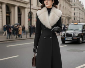 Abrigo largo de invierno para mujer con cuello de piel sintética: elegante abrigo a medida, prenda formal de lujo para climas fríos.