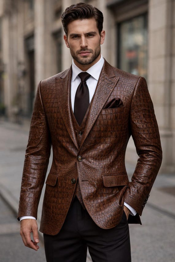 Unisex Brown Crocodile Embossed Leather Blazer:textured Leather Suit Jacket for Men & Women  Designer Formal Coat
