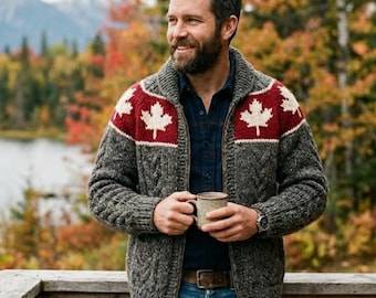 Cárdigan de lana Maple Leaf para hombre: suéter grueso tejido a mano con cremallera / chaqueta de punto acogedora para invierno