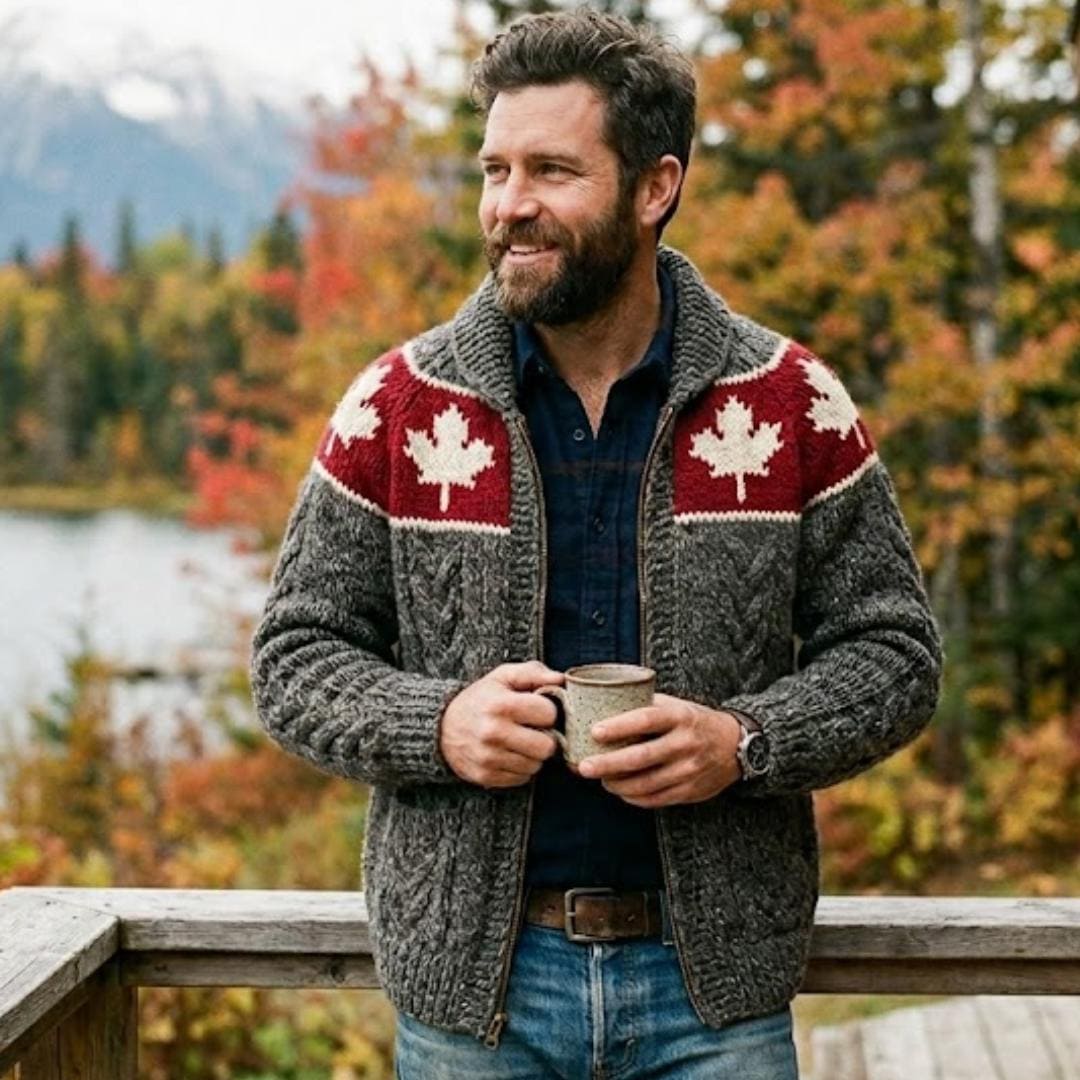 Maple Leaf Wool Cardigan for Men:Hand Knit Chunky Zip Sweater Cozy Winter Knit Jacket