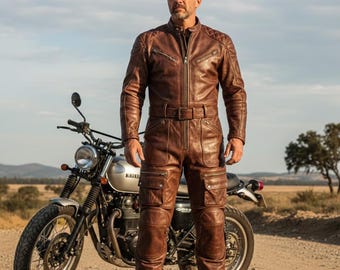 Mono de motociclista de cuero marrón para hombre: mono de motociclista vintage de una pieza, estilo retro de Cafe Racer.