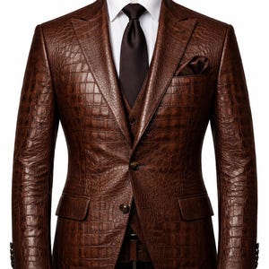 Unisex brun krokodilpräglad läderkavaj: texturerad läderkostymkavaj för män och kvinnor Designer Formell kappa WOMEN