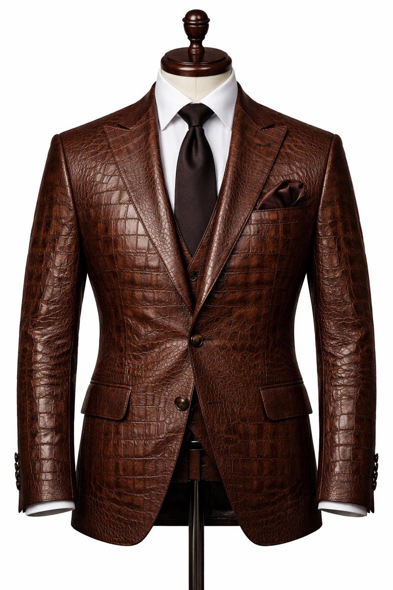 Unisex brun krokodilpräglad läderkavaj: texturerad läderkostymkavaj för män och kvinnor Designer Formell kappa WOMEN