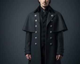 Capa de lana victoriana gótica para hombre: abrigo largo cruzado de inspiración vintage, estilo steampunk, ropa formal.