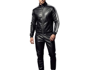 Conjunto deportivo de cuero negro para hombre / Chaqueta y pantalones de cuero genuino: Conjunto deportivo de lujo estilo streetwear