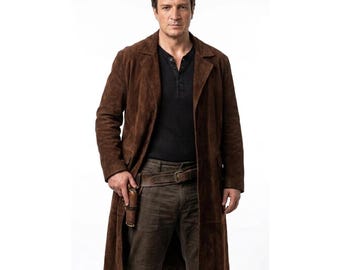 Gabardina Firefly de Malcolm Reynolds: Abrigo de gamuza marrón auténtica para cosplay, regalo para él.