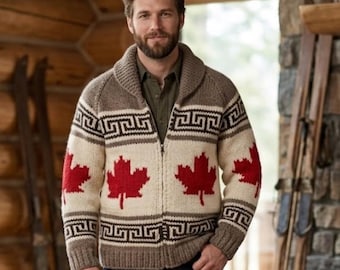 Suéter con la hoja de arce de Canadá / Cárdigan grueso de lana tejido a mano: Cárdigan de invierno con cremallera para hombre