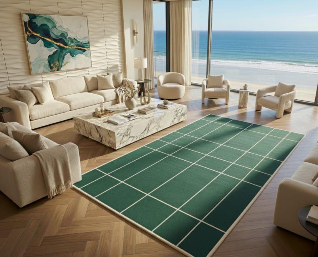 Emerald Green Grid Wool Rug | Modern Geometric Area Rug - Etsy