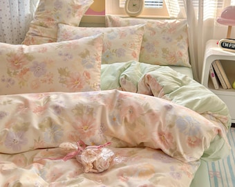 Juego de ropa de cama floral de acuarela de ensueño, funda nórdica de algodón suave, juego de cama de flores en rosa pastel y verde, decoración de dormitorio estilo cottagecore, tamaño individual/matrimonial/king.