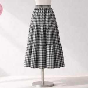 Tiered Midi Skirt | Gingham A-Line, Elastic Waist, Flowy Summer Style