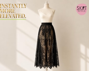 Women’s Sheer Lace Midi Skirt | High Waist Floral Mesh Overlay | Tulle Beach Cover Up | Soft Elastic Waist Skirt