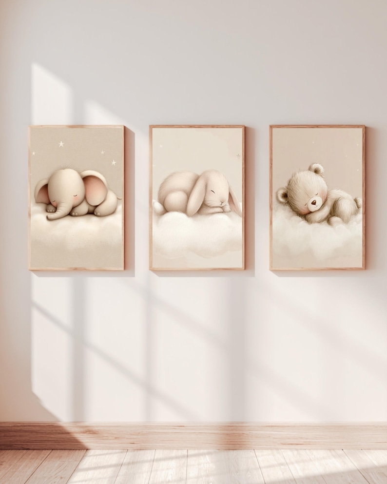 Neutral Nursery Wall Art Set of 3, Sleeping Bear Bunny Elephant Prints ...