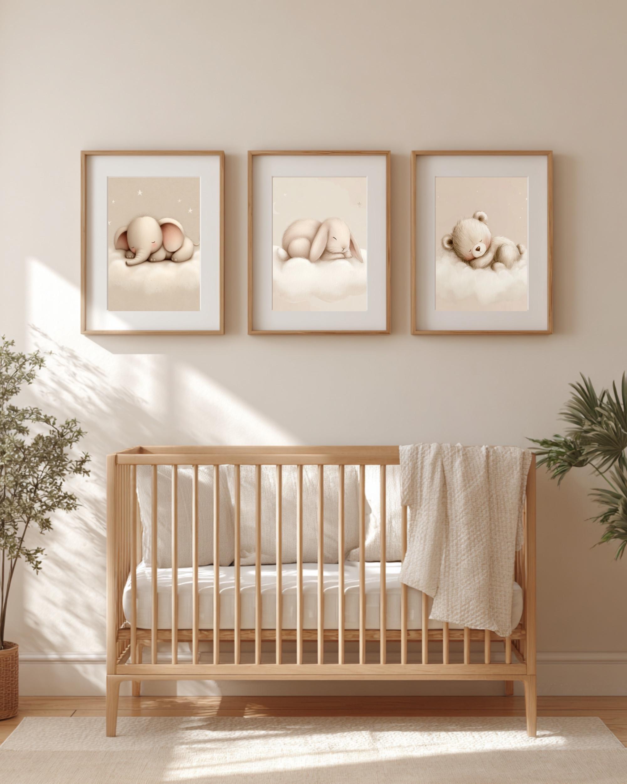 Neutral Nursery Wall Art Set of 3, Sleeping Bear Bunny Elephant Prints ...