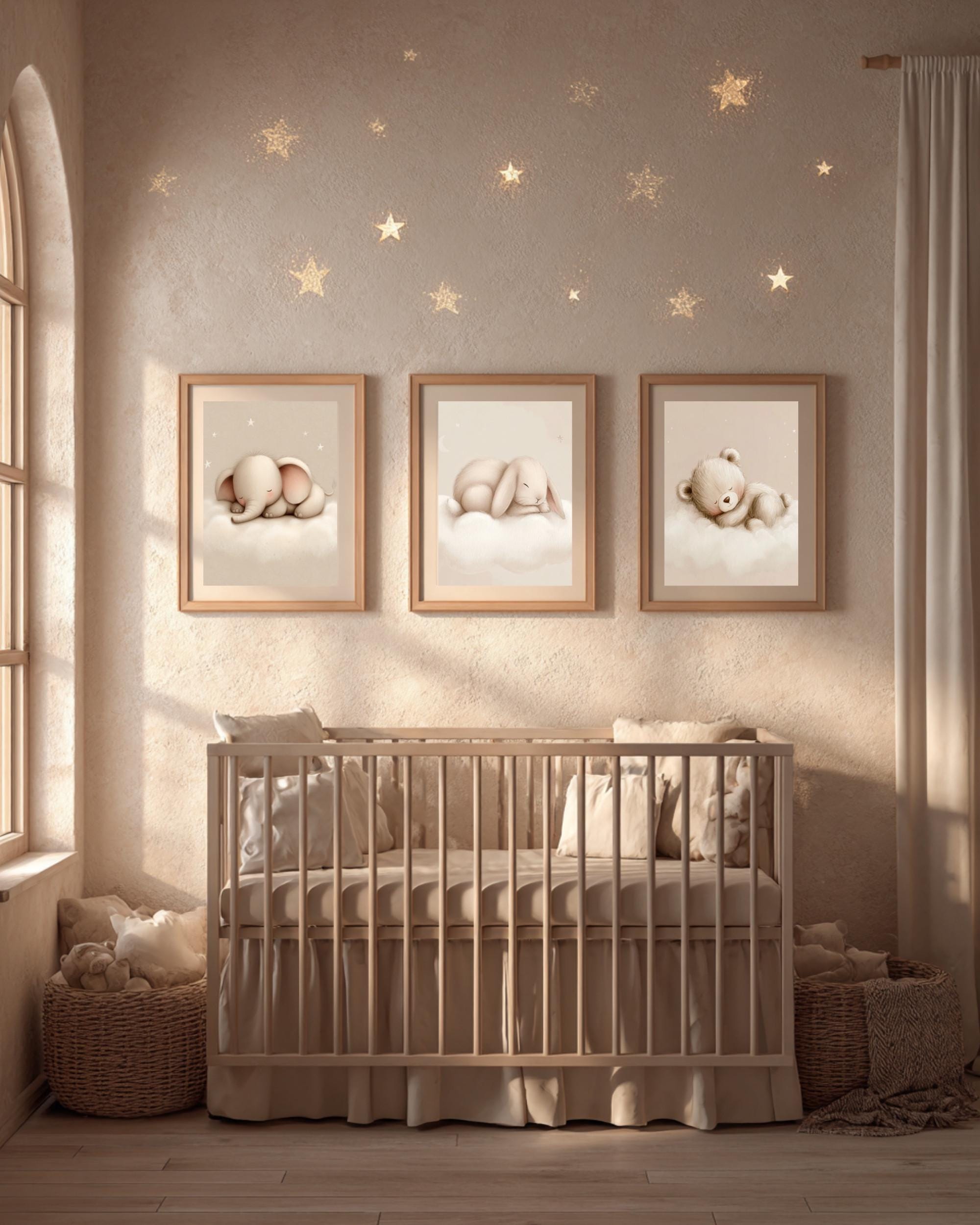 Neutral Nursery Wall Art Set of 3, Sleeping Bear Bunny Elephant Prints