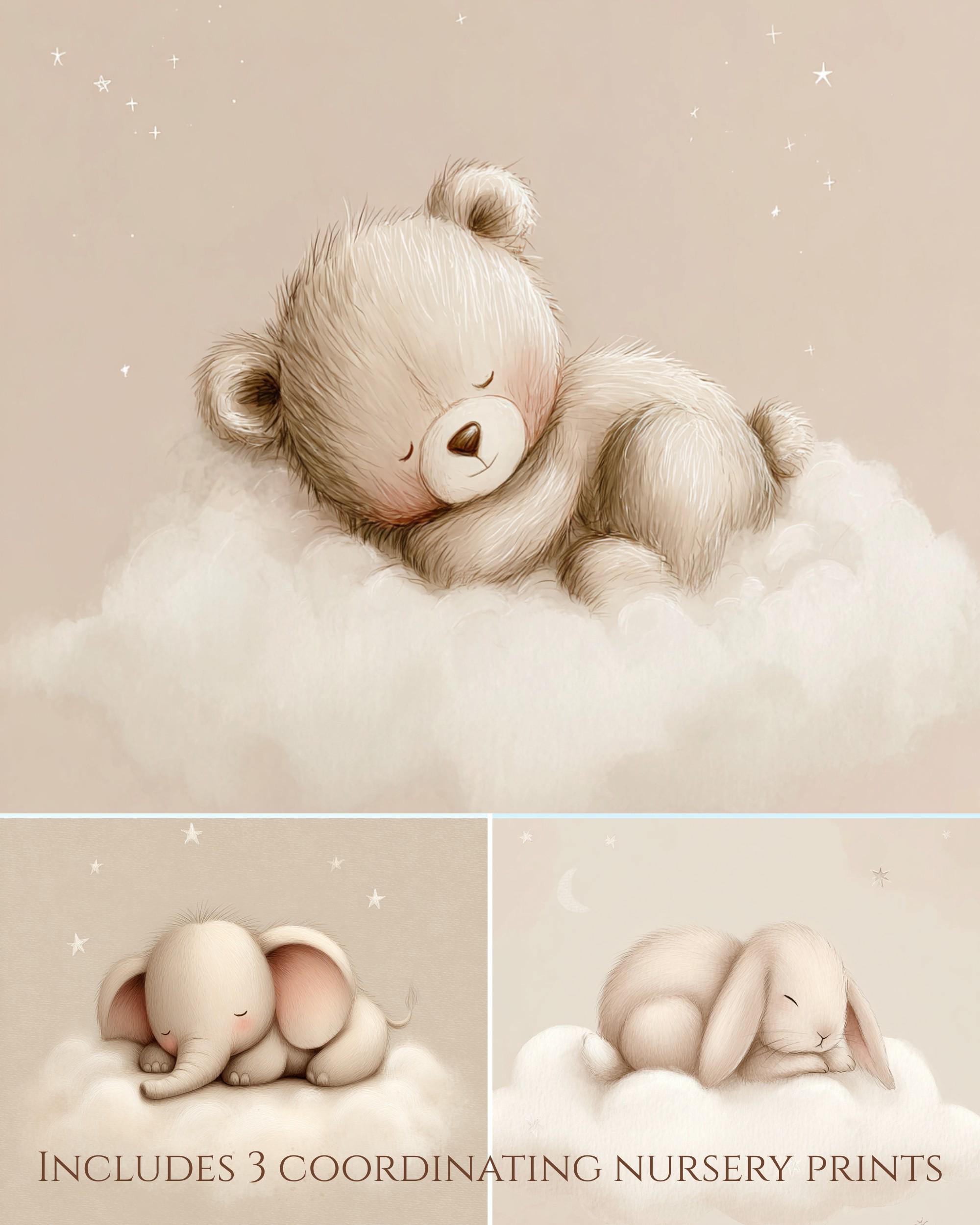 Neutral Nursery Wall Art Set of 3, Sleeping Bear Bunny Elephant Prints ...
